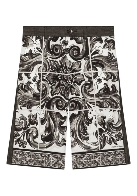 Bermuda In Denim Nero e Giavanese Con Stampa Maiolica DOLCE & GABBANA KIDS | L43Q29-LDD19HH5DQ